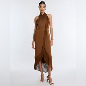 BCBGMaxAzria Brown Fringe Halter Dress